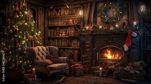 Enchanting Christmas scene: glowing tree, cozy fireplace, and festive gifts in a magical interior © Ameer