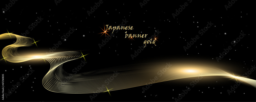 Fototapeta premium Golden botany banner.Japanese style Hand drawn vector . Line art style design. Concept tradi.Gold Asian banner illustration. Golden Japanese background with asian bird.layout design in oriental style.