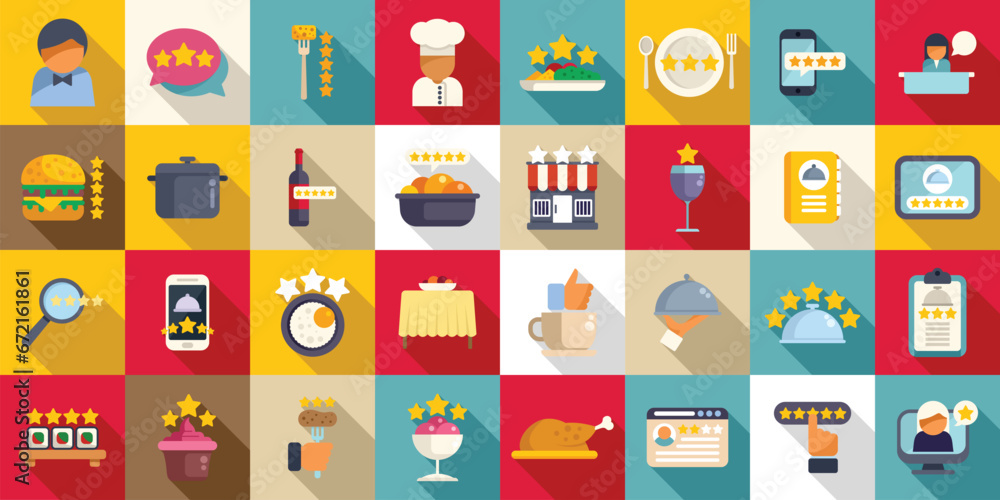Food critic icons set flat vector. Food social review. Cooking critic expert - obrazy, fototapety, plakaty 