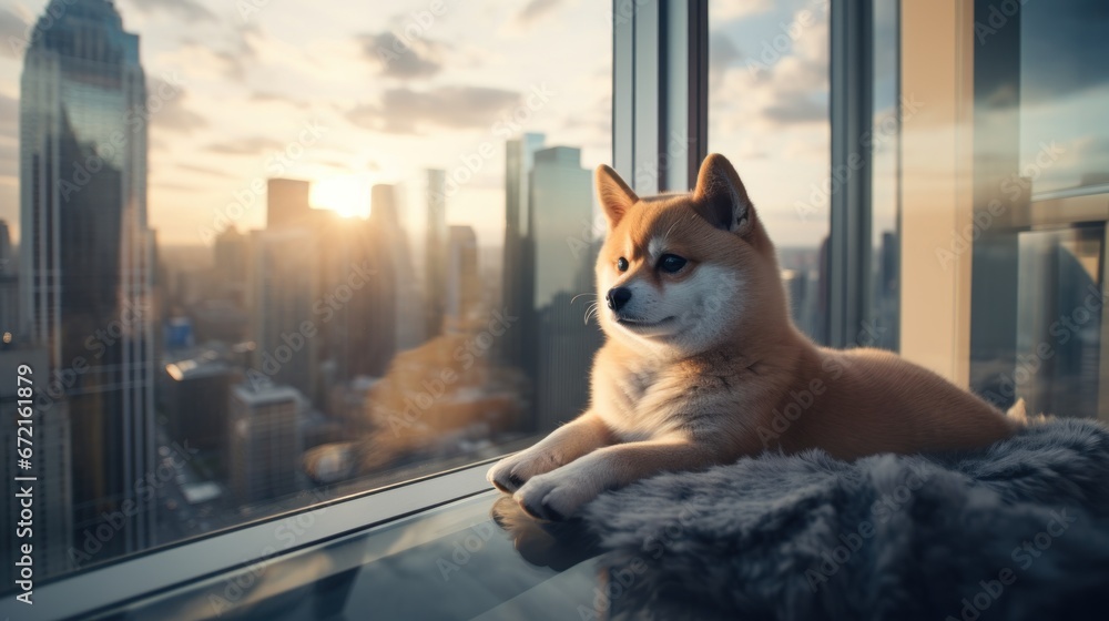 The Akita Inu dog resides in an apartment, with views of skyscrapers visible from the windows. This paints a picture of an urban living environment for the canine companion.