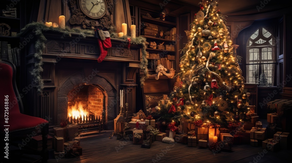 Enchanting Christmas scene: glowing tree, cozy fireplace, and festive gifts in a magical interior