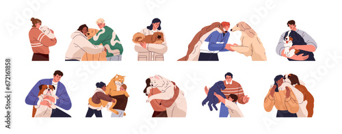 People hug dogs set. Owners love their diverse breed puppies. Kid hold in hand pet. Couple cuddles domestic animal. Men, women embrace cute pup. Flat isolated vector illustration on white background