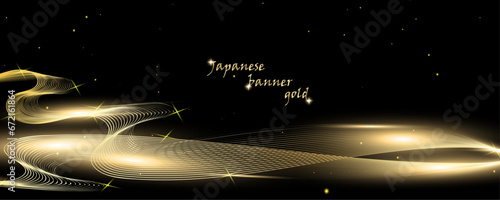 Golden botany banner.Japanese style Hand drawn vector . Line art style design. Concept tradi.Gold Asian banner illustration. Golden Japanese background with asian bird.layout design in oriental style.