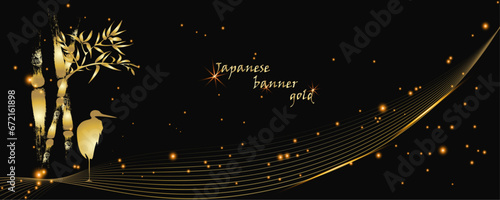 Golden botany banner.Japanese style Hand drawn vector . Line art style design. Concept tradi.Gold Asian banner illustration. Golden Japanese background with asian bird.layout design in oriental style.