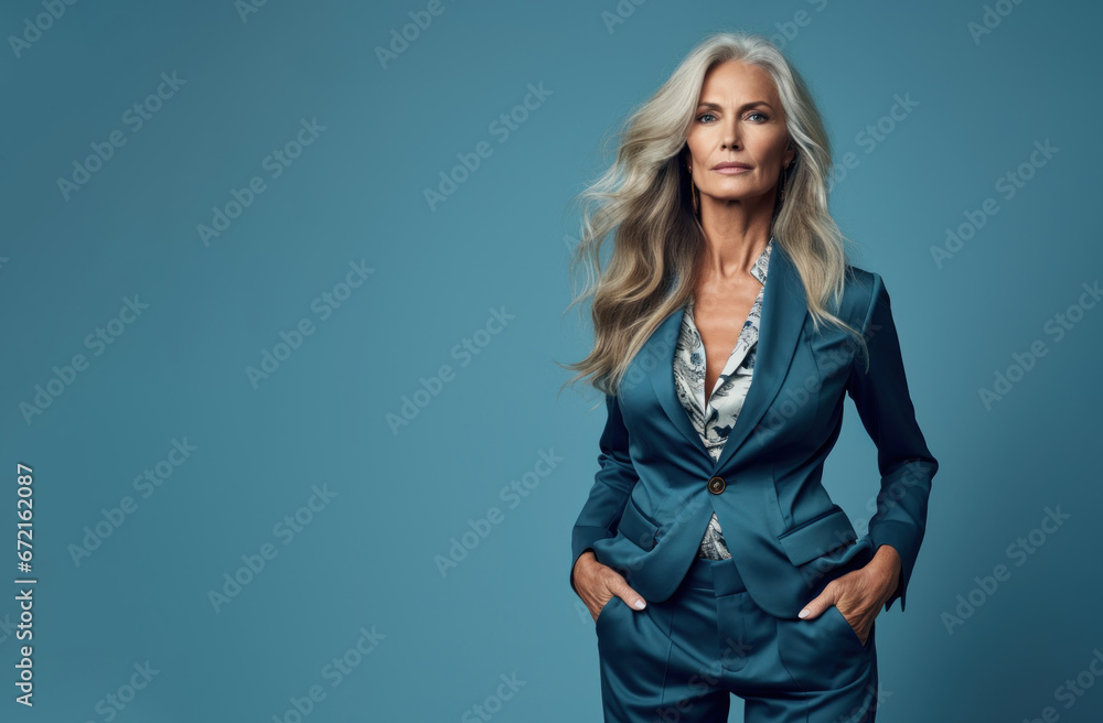 Beautiful serious mature business woman model 50, 60, 70 years old posing on a blue background in formal style clothes suit Beautiful serious mature business woman model 50, 60, 70 years old posing on a blue background in formal style clothes suit
