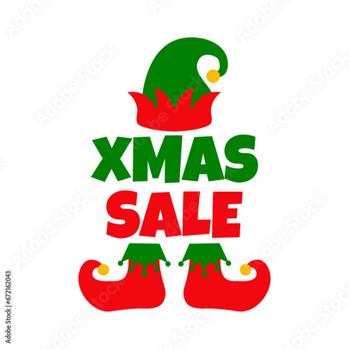 Tiempo de Navidad. Logo con palabra Xmas Sale con sombrero y botas de elfo de Santa Claus