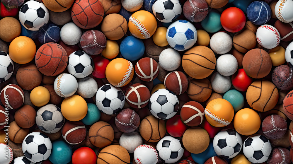 Fototapeta premium sport, fitness, game, sports equipment and objects concept - close up of different sports balls set from top