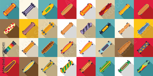 Longboard icons set flat vector. Long deck active. Street culture skater