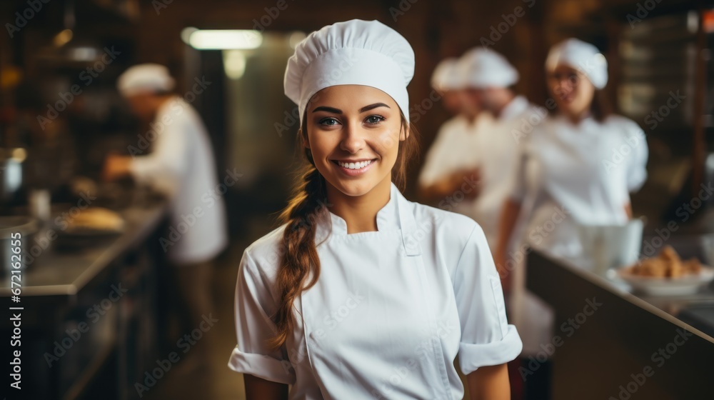 Cheerful young female chef in white uniform and hat smiling confidently