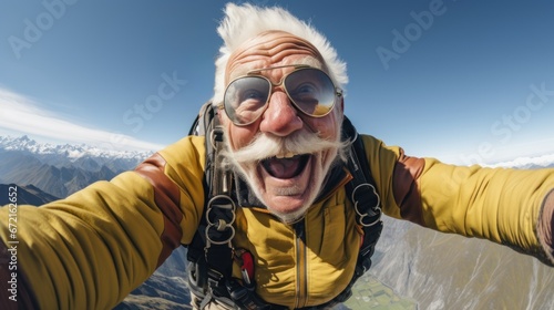 old man skydiving with ecstatic expression