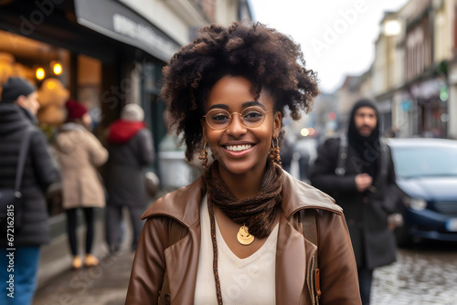 Urban Street Style Smiling Black Lady in Trendy Attire