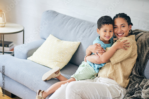 Foto Family, hug and portrait of boy child with mother on a sofa happy, bond and relax at home together