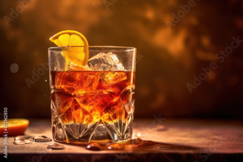 Glass of whiskey with a lemon slice and ice cubes