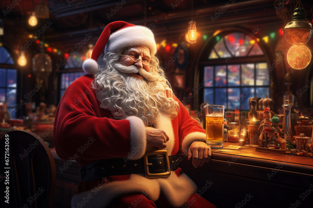 Santa Clause is sitting in a bar and drinking beer - Generative AI - obrazy, fototapety, plakaty 