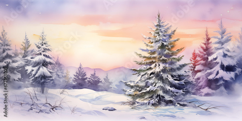 Christmas winter scenery with snowy landscape in watercolor style - Generative AI