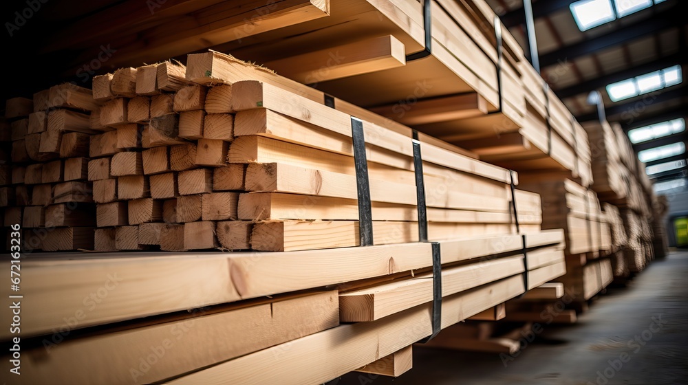 Wood warehouse. Wooden beams, timber stored in stacks in a warehouse hangar Wood warehouse. Wooden beams, timber stored in stacks in a warehouse hangar
