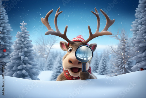 Funny reindeer rendering looks through a magnifying glass in front of a christmasy snow scenery