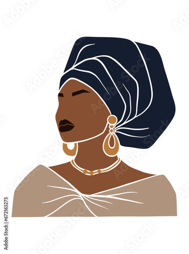 Abstract beautiful black woman with turban illustration. Vector illustration.