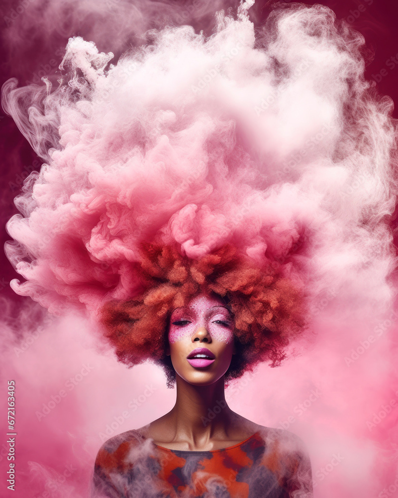 Woman with dramatic pink smoke emanating from her curly hair