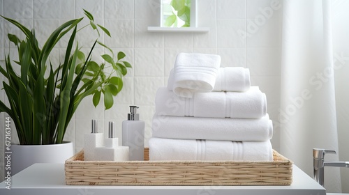 Luxury Comfort: Clean White Terry Towels in Wicker Basket photo