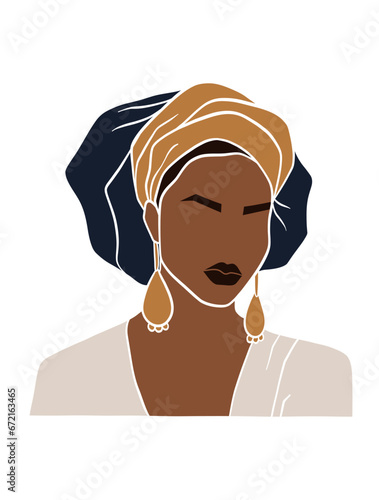 Abstract beautiful black woman with turban illustration. Vector illustration.