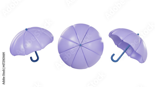 3d cartoon umbrella In different angles. Icons set for the theme of seasonal weather, protection and insurance.
