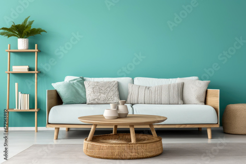 Coffee table and white sofa. Scandinavian interior design for modern living room © Denis
