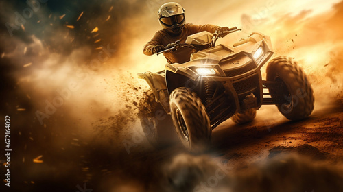 All-terrain ATV Quad Rider on blurred motion sunset dirty terrain