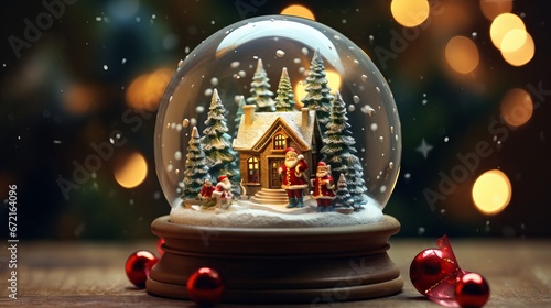 Magical snow globe with Christmas decorations on a wooden table with fairy lights and ornaments © Ameer