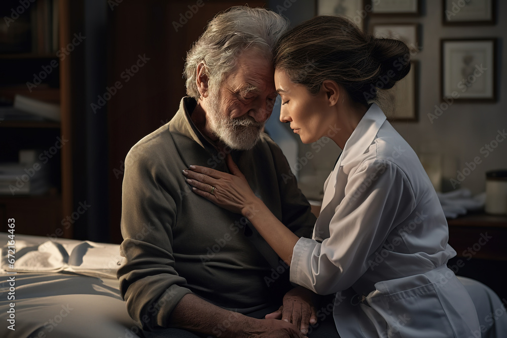 Senior man with dementia or Alzheimer's is comforted by caring female doctor at home. Senior man with dementia or Alzheimer's is comforted by caring female doctor at home.