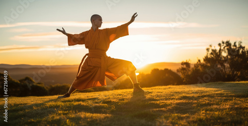 shaolin  monk practicing kung fu outside on the grass at sunset  photo