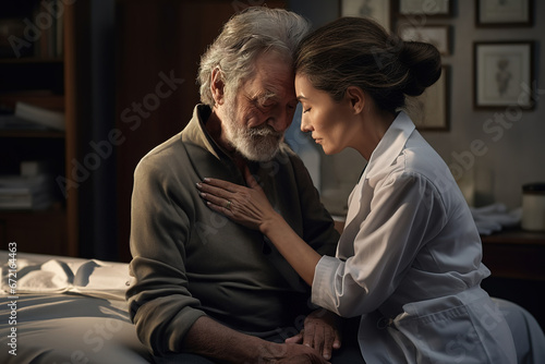 Senior man with dementia or Alzheimer's is comforted by caring female doctor at home. © Bojan