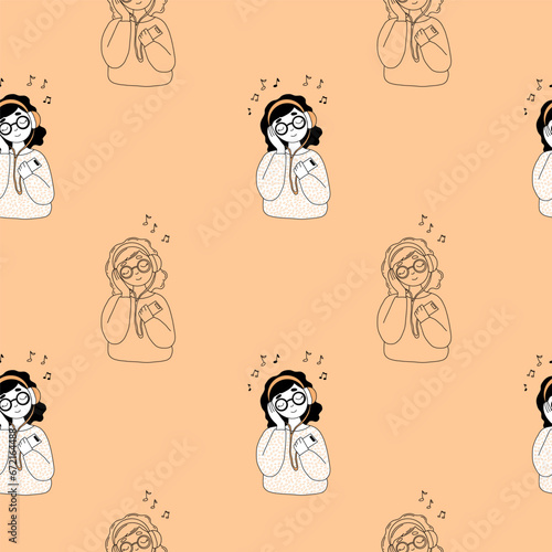 Seamless pattern with musical girl in headphones on orange background. Vector illustration. Outline, hand drawn doodle style.