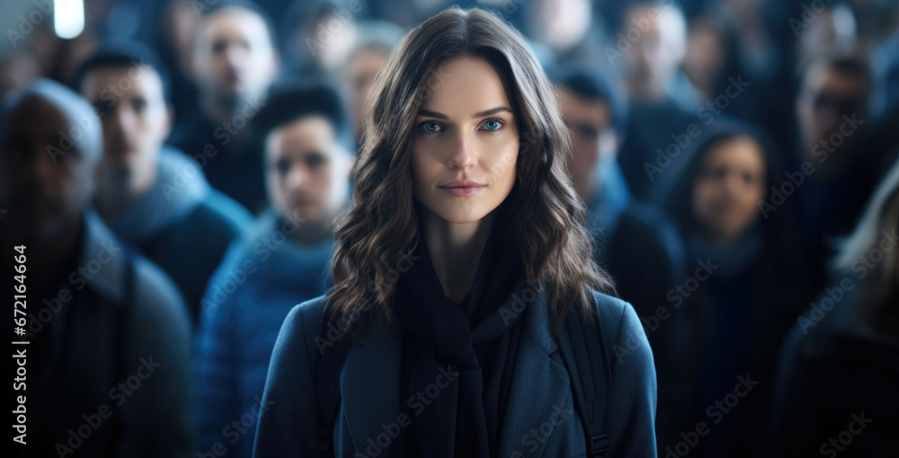 Woman stands confidently in a crowd with a focused expression, showcasing determination in a busy urban setting during an early morning commute Woman stands confidently in a crowd with a focused expression, showcasing determination in a busy urban setting during an early morning commute