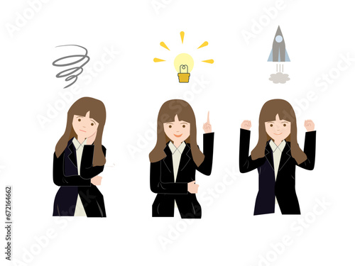 悩む人,んだり考えたりして、思いつきひらめき ファイトのポーズをとって頑張る女性ビジネスマン