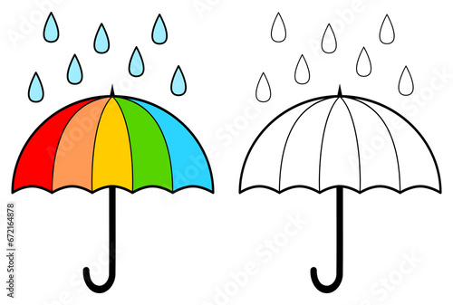 Rainbow umbrella with water drops. Game for kids. Colored and outline illustration.