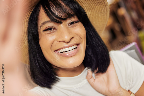 Black woman shopping, selfie and happy face at a store feeling young and relax with a smile in the sun. Portrait of a person in New York with retail happiness and content lifestyle on a summer day