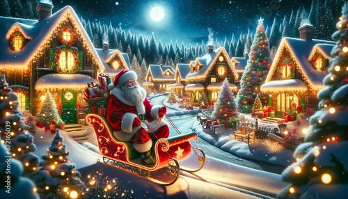 Santa in sleigh amidst snow-covered village with glowing Christmas lights.Generative AI photo