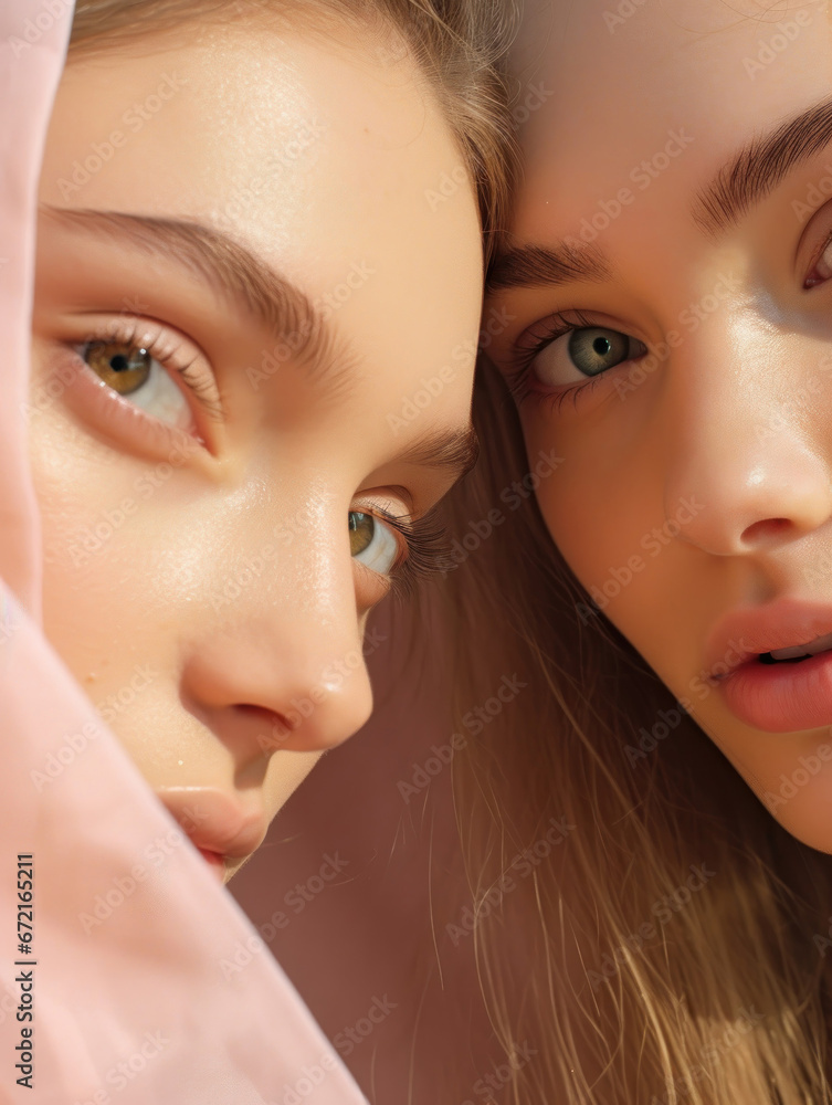 Close-up portrait of two female faces with radiant skin and captivating eyes