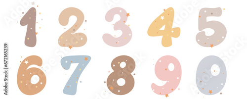 Cute numbers in cartoon style. Collection of lucky figures for each birth month. Educational clipart set. One, two, three, four, five, six, sit, eight, ten, zero with stars in pastel colors, isolated  photo