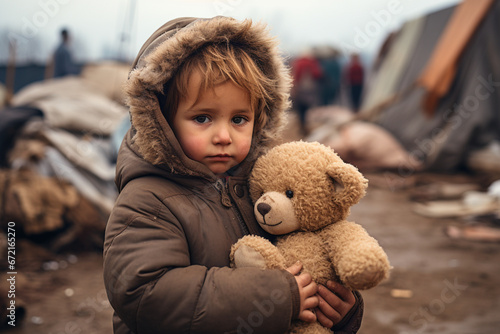 Small toddler boy with a teddy bear toy sad expression on his face and dirty clothes and eyes full of pain hunger war refugee camp tents on background