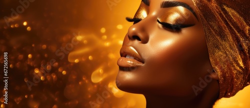 A woman in gold on a gold sparkling background. Fashionable beautiful African American woman