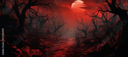 Red full moon forest horror dark night background. Generative AI technology.