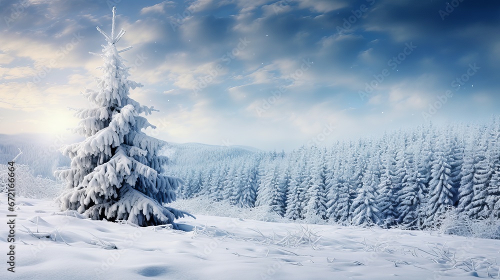 Naklejka premium Fir tree branch with snow on a blue background: a festive greeting card for Christmas and New Year