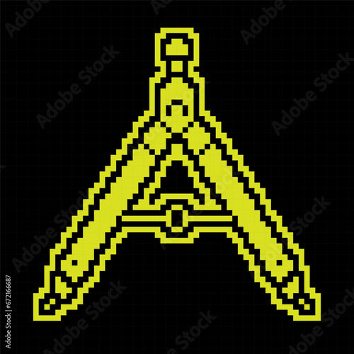 Drawing compass, divider for sketching. Engineer and designer tool. Pixel silhouette icon. Simple black and yellow vector