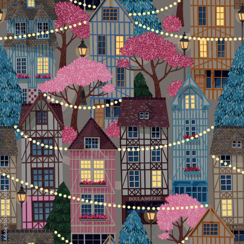 Vector seamless pattern with old town houses