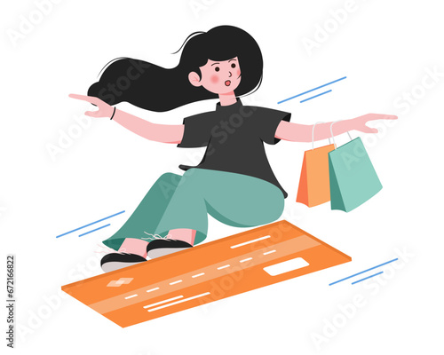 Woman stan on credit card. Ecommerce concept. Online shopping. Online delivery service concept. Fast delivery via mobile phone. payment channel. Vector outline illustration.