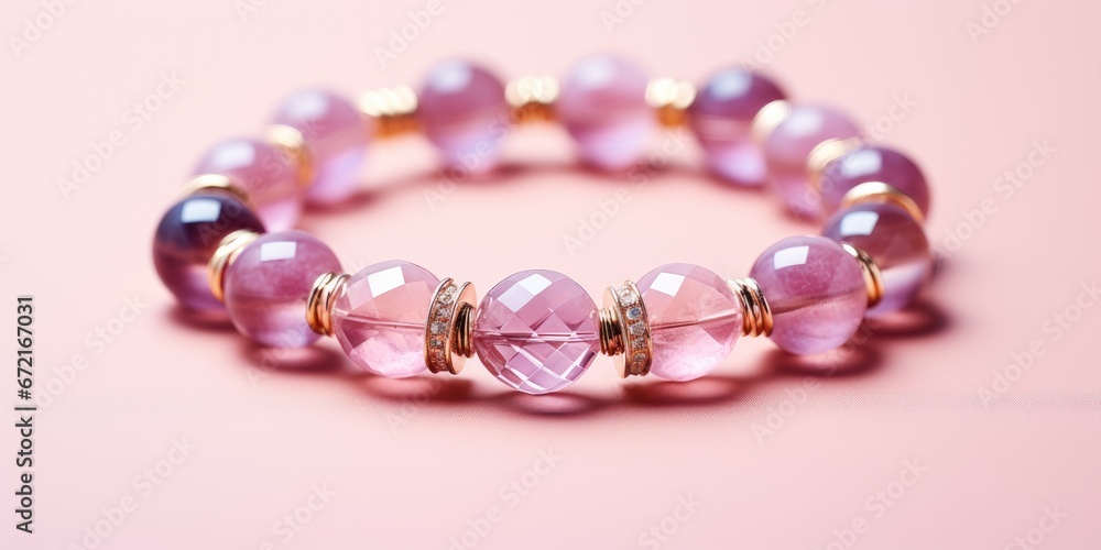Beautiful simple bracelet for girl made of pink stones on a pink background.Generative AI Beautiful simple bracelet for girl made of pink stones on a pink background.Generative AI
