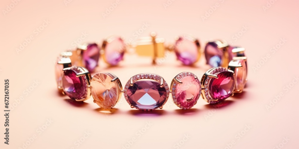Beautiful simple bracelet of various pink stones on peach background. Generative AI Beautiful simple bracelet of various pink stones on peach background. Generative AI