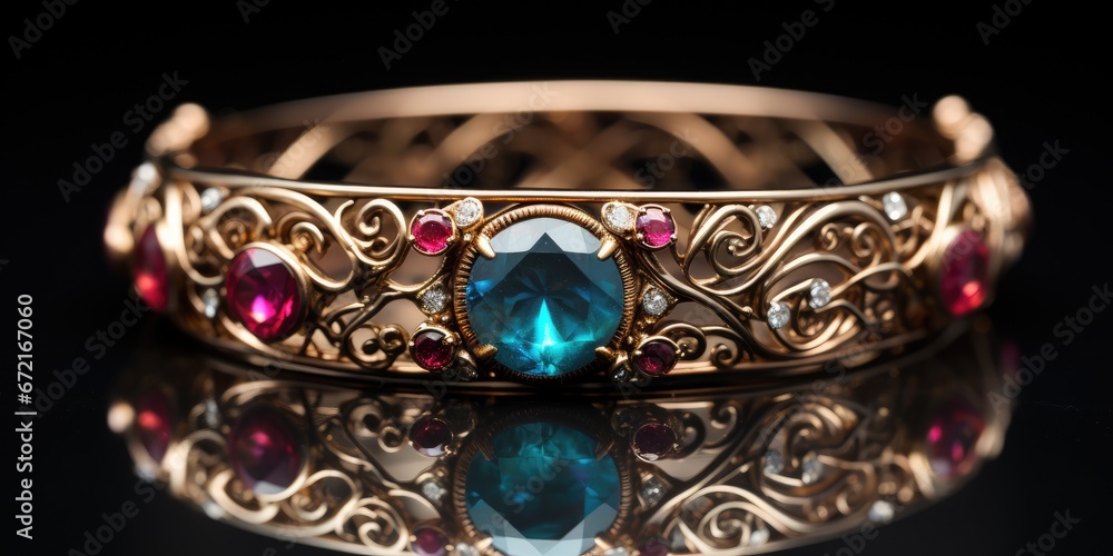 expensive bracelet made of gold and precious stones on a dark background. Generative AI expensive bracelet made of gold and precious stones on a dark background. Generative AI